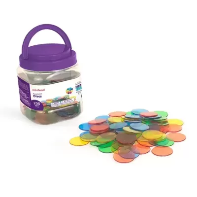 Frasco com tampa roxa e discos coloridos translúcidos