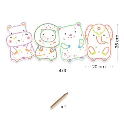 Quatro puzzles infantis de animais coloridos e lápis azul.