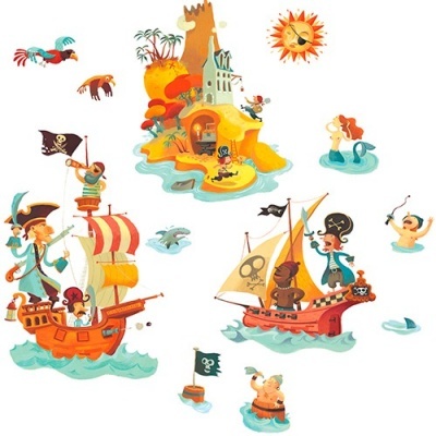 Ilustração de piratas em barcos e ilha com castelo