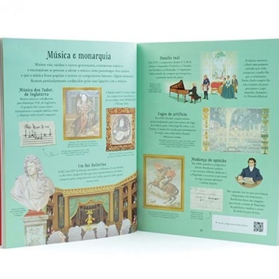 Livro aberto mostrando páginas ilustradas e texto em português sobre música e monarquia