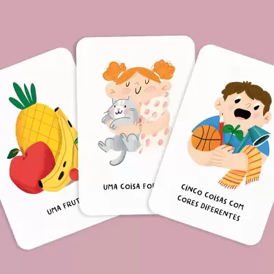 Cartas infantis ilustradas com frutas, menina com gato e menino com objetos coloridos