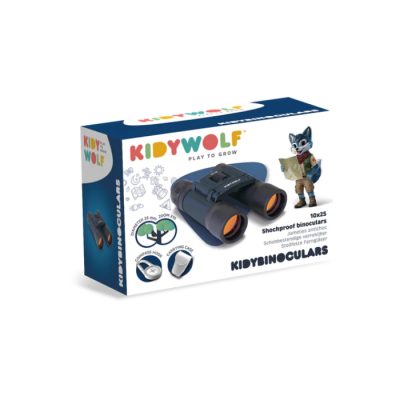 Caixa de binóculos KIDYWOLF para crianças com binóculos pretos e personagem de lobo desenhado