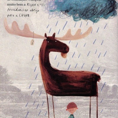Ilustração de alce a proteger criança da chuva com nuvem e texto em português