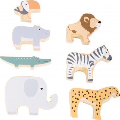 Peças de madeira em forma de animais coloridos, sobre fundo branco