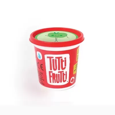 Embalagem de brinquedo em massa modelar Tutti Frutti vermelha e branca com tampa vermelha