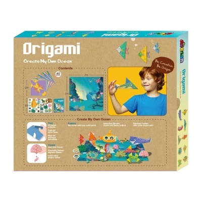 Jogo de origami Create My Own Ocean com folha e instruções para fazer peixes de papel