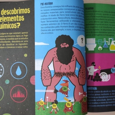 Livro infantil ilustrado sobre elementos químicos com homem pré-histórico e símbolos químicos.