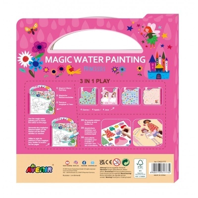 Embalagem rosa com texto 'MAGIC WATER PAINTING PRINCESS 3 IN 1 PLAY' e ilustrações coloridas