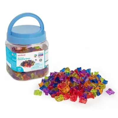 Frasco plástico com tampo azul e peças coloridas para contagem