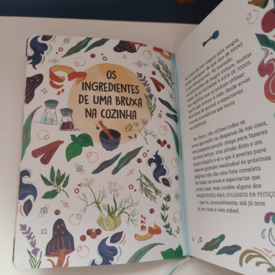 Página de livro ilustrada com título e texto sobre ingredientes de cozinha e ervas