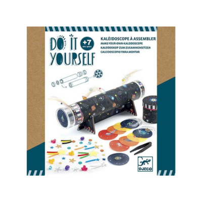 Kit para montar caleidoscópio com peças coloridas e instruções