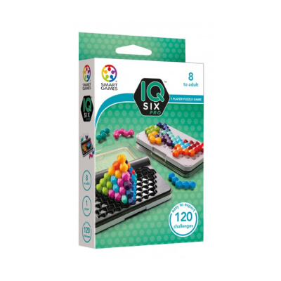 Embalagem do jogo IQ Six Pro com peças coloridas e texto sobre desafios