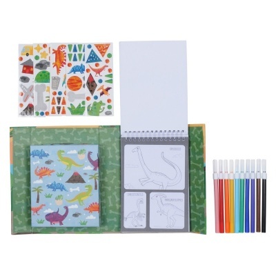 Conjunto de arte infantil com cadernos para colorir, canetas de várias cores e folhas de adesivos de dinossauros