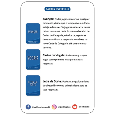 Cartas especiais de jogo com regras em português e ícones de redes sociais