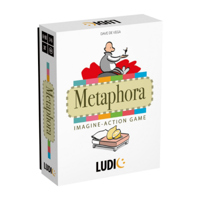 Caixa de jogo Metaphora da LUDI com figura humana a desenhar e fatias de laranja sobre um quadro