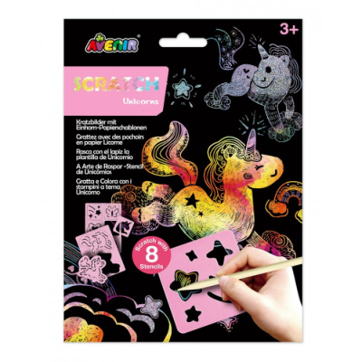 Embalagem de produto para desenhar Scratch Unicorns com moldes e imagens coloridas de unicórnios e estrelas.