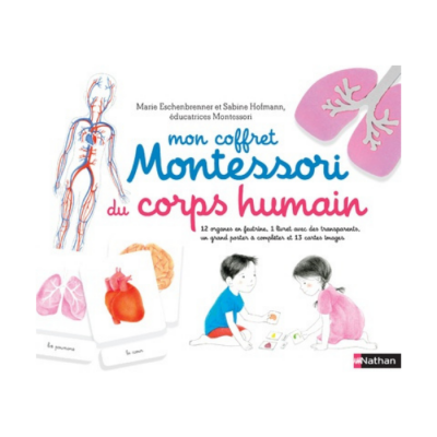 Embalagem de kit Montessori do corpo humano com ilustrações de órgãos e crianças a jogar