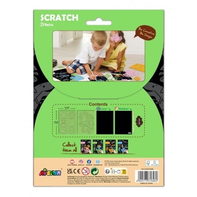 Embalagem verde de scratch art de dinossauros com crianças a brincar