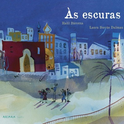 Capa de livro com ilustração noturna da cidade, quatro pessoas e texto  c0s escuras