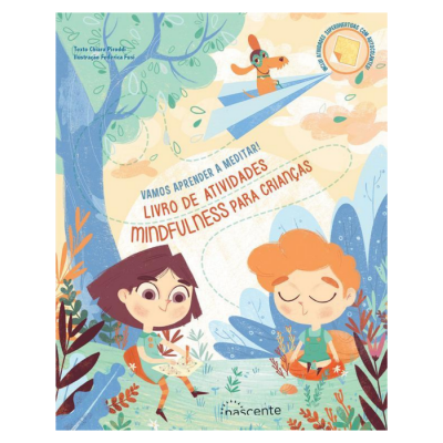 Capa de livro infantil colorida com crianças e texto sobre mindfulness