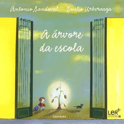 Capa de livro infantil com título em branco, uma menina e um gato perto de um portão verde aberto entre paredes amarelas.