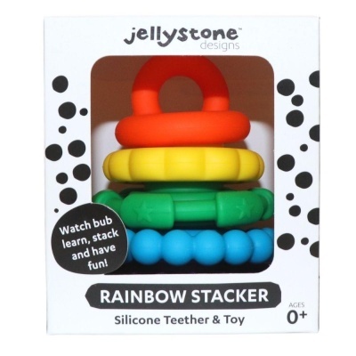 Brinquedo Rainbow Stacker em silicone colorido numa caixa branca com pontos pretos.