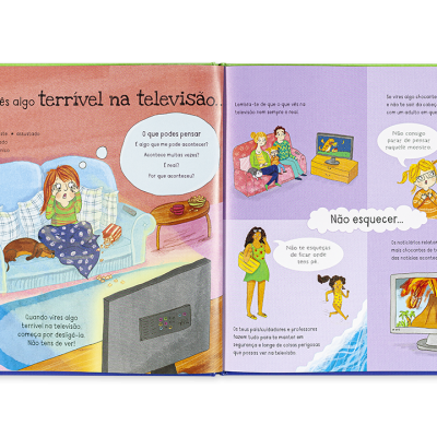 Duas páginas ilustradas de livro infantil com texto em português e desenhos coloridos sobre televisão.