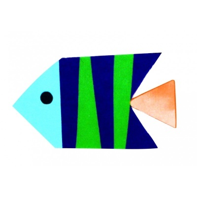 Peixe decorativo azul, verde e laranja com riscas verticais