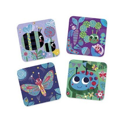 Quatro porta-copos quadrados coloridos com desenhos de insetos e flores