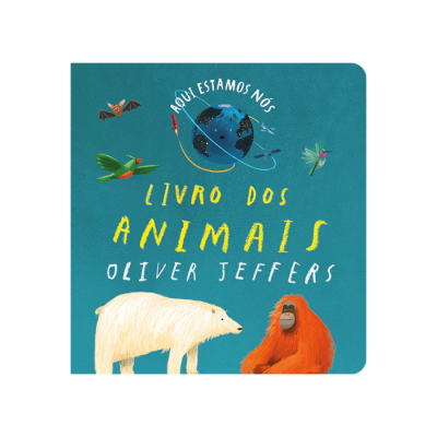 Capa de livro infantil azul com desenhos de animais e texto em letras amarelas e brancas