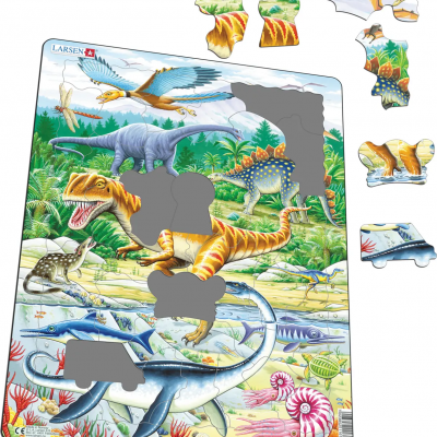 Quebra-cabeça infantil de dinossauros coloridos com logo Larsen