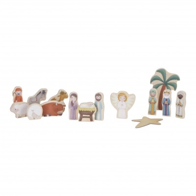Figuras de madeira do presépio em cores pastel