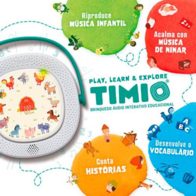 Brinquedo educativo TIMIO circular branco e azul com ilustrações de animais e texto promocional em português
