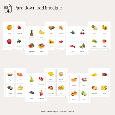 Cartões de frutas para download imediato com nomes em inglês
