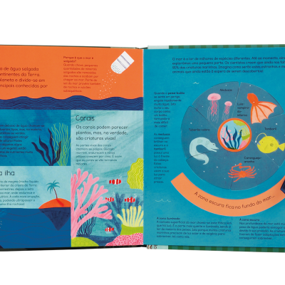 Livro infantil aberto com ilustrações e texto sobre o mar e vida marinha