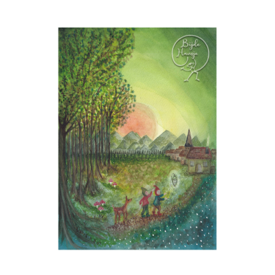 Ilustração de paisagem com árvores, figuras humanas, veado, montanhas e vila com igreja