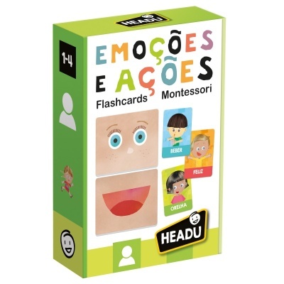 Embalagem de flashcards Montessori EMOÇÕES E AÇÕES com imagens coloridas e texto em português.