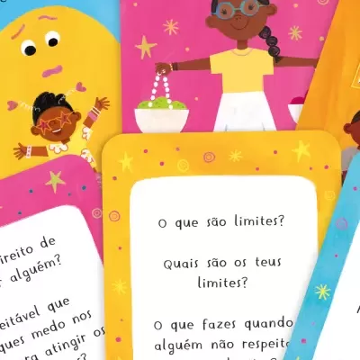 Cartas ilustradas coloridas para crianças com perguntas em português sobre limites e personagens desenhados.