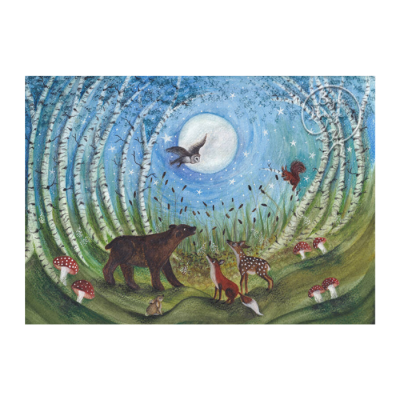 Ilustração de floresta com animais e lua cheia