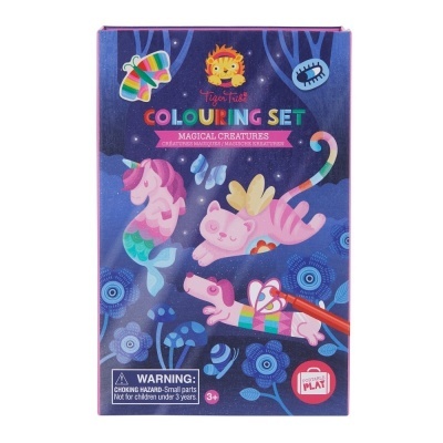 Conjunto de colorir Tiger Tribe Magical Creatures com ilustrações de animais e fundo azul