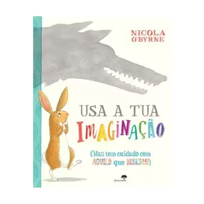 Capa de livro infantil com coelho e sombra de lobo, título colorido e nome da autora