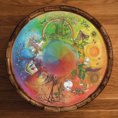 bandeja redonda colorida com ilustrações de natureza e círculo central colorido
