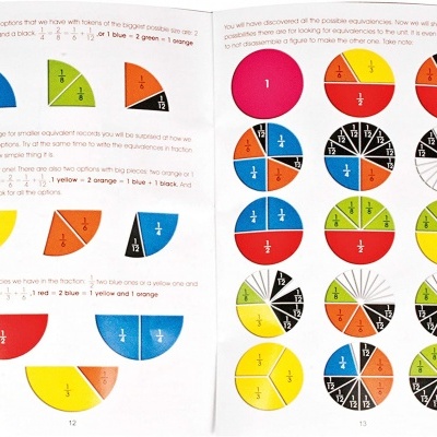 Cartões coloridos com frações em branco e texto explicativo em livro aberto