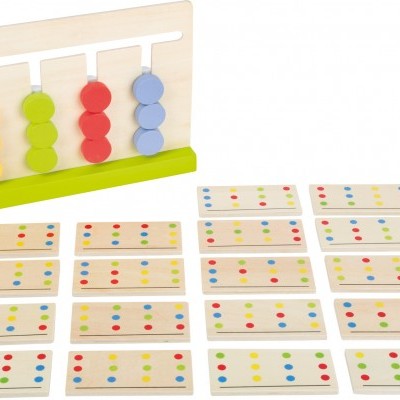 Brinquedo educativo de madeira com discos coloridos e placas para associação