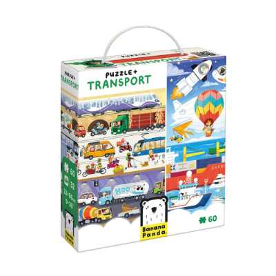 Caixa de puzzle infantil Banana Panda tema transporte com imagens de vários meios de transporte e 60 peças