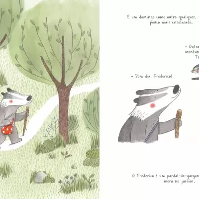 Ilustração de texugo com cajado numa paisagem verde e texto em português
