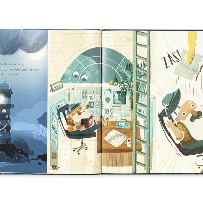 Livro ilustrado aberto com imagens do farol, laboratório e homem sentado em cadeira