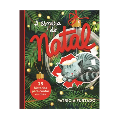 Capa de livro infantil natalino com gato e decoração de pinheiro