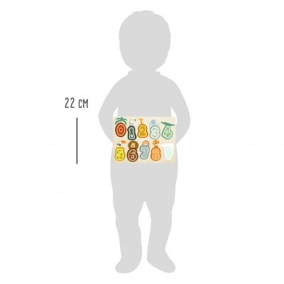 Produto de madeira com números coloridos de 0 a 9 e ilustrações de frutas, 22 cm de largura