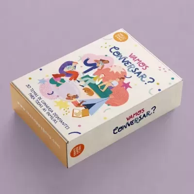 Caixa do jogo VAMOS CONVERSAR? com ilustração colorida e texto em português